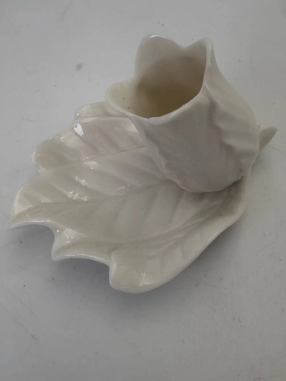 Vintage White Porcelain Leaf/Flower Toothpick Holder or Trinket/Jewelry Dish